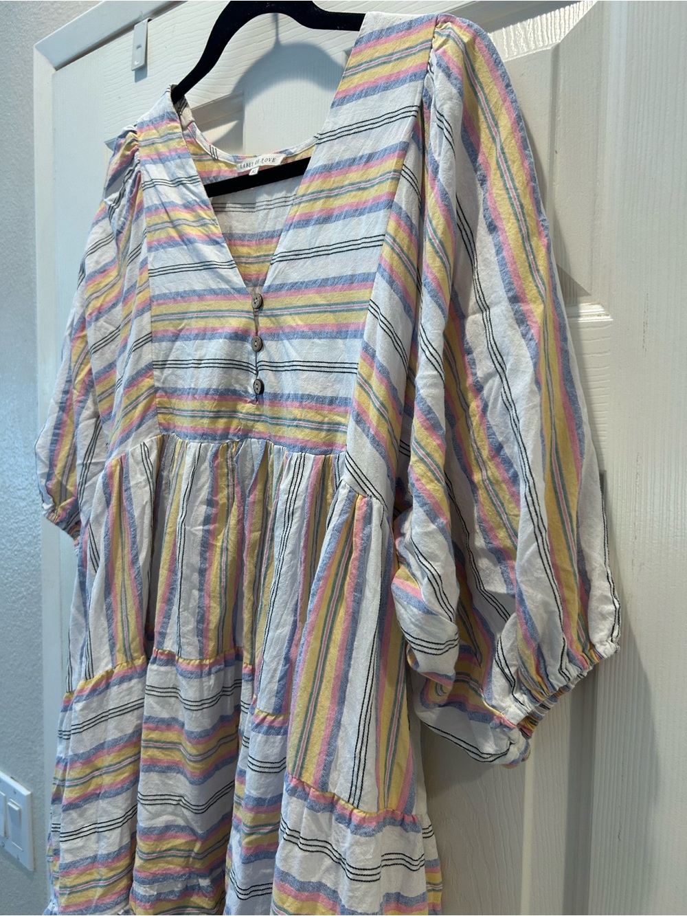Label of Love XL Striped Tiered Midi Dress Puff Sleeve Coastal Boho - Picture 6 of 13